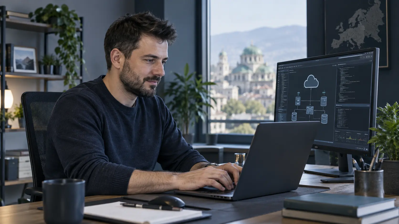 Cloud engineer working at a computer with cloud infrastructure diagrams